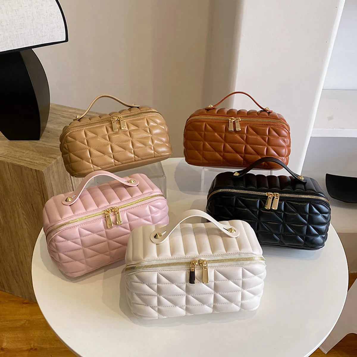 Cosmetic Bag Niche PU Portable Women'S Rhombus Portable Travel Partition Storage Bag Small Fresh Embossed Zipper Wash Bag