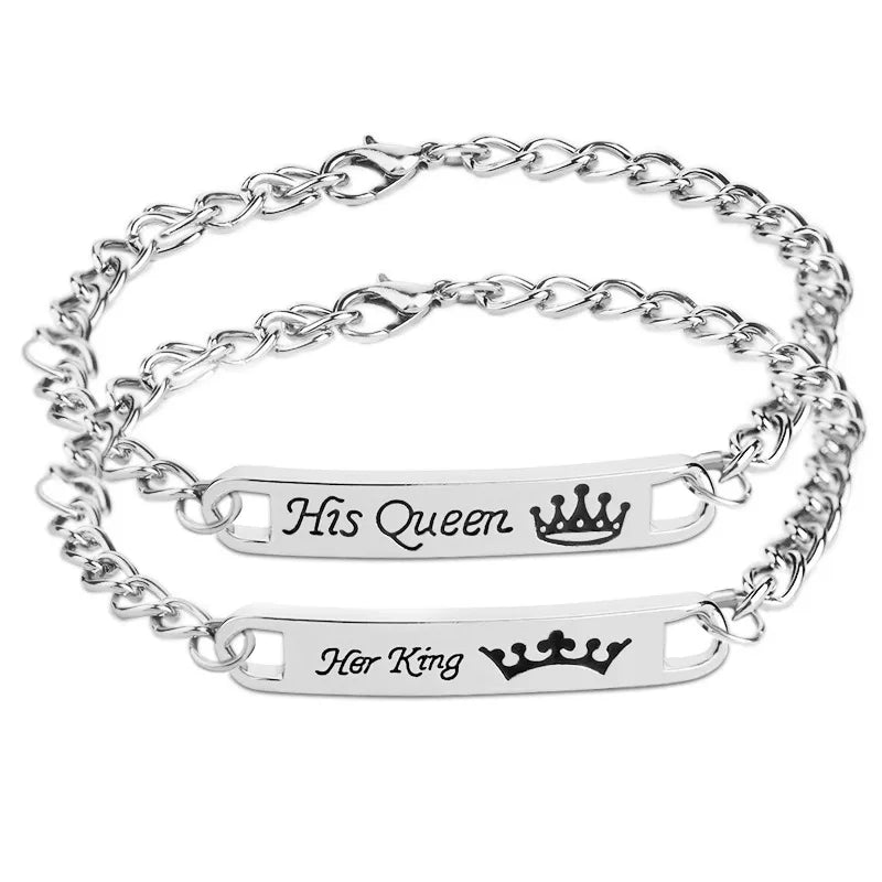 Couple Bracelet Square Engraved Letters Pendant Id Bracelet Her King /Her Queen Accessories Wholesale Nihaojewelry