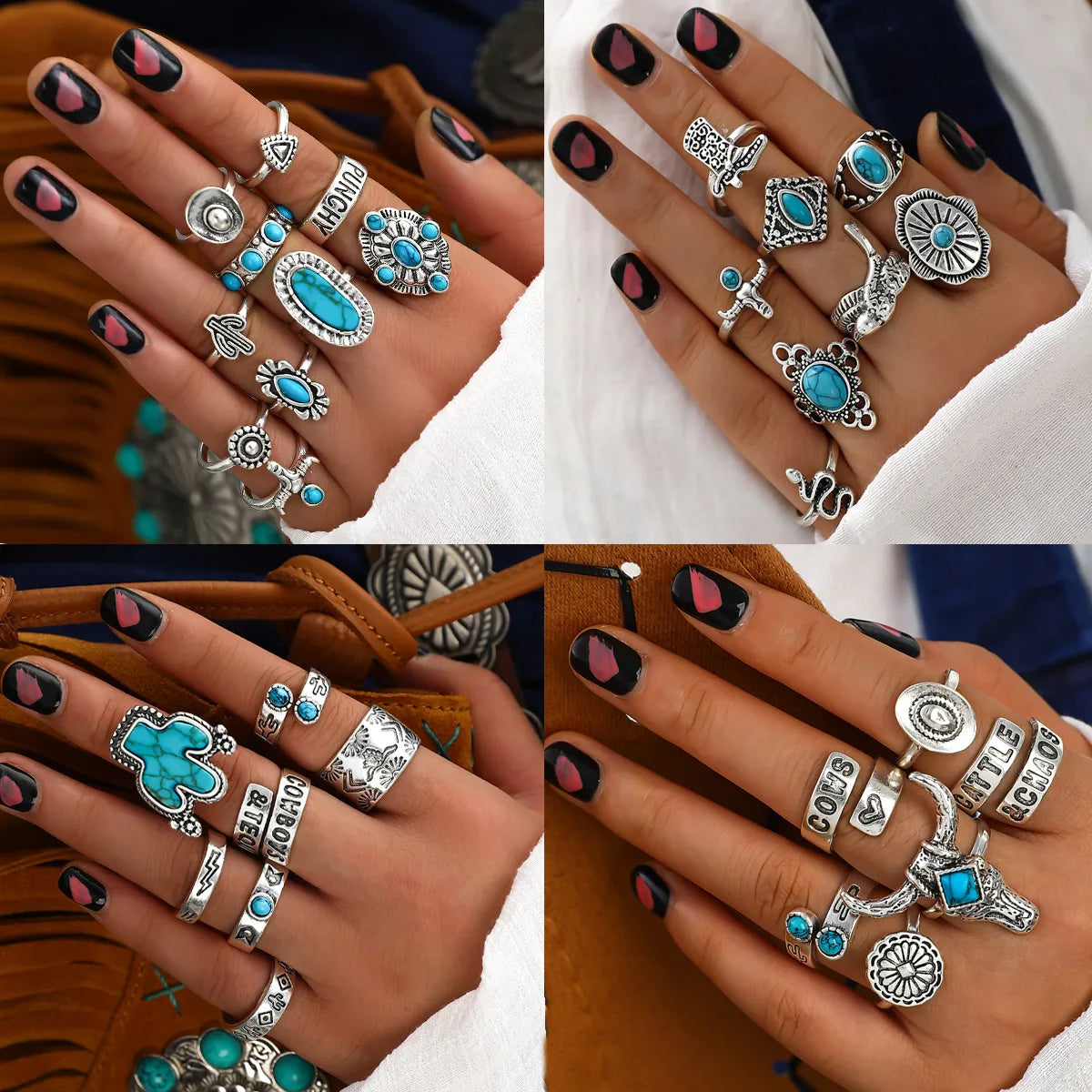 Cowboy Style Cactus Alloy Inlay Turquoise Women's Rings