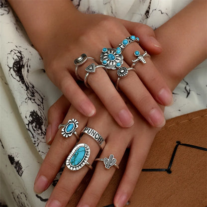 Cowboy Style Cactus Alloy Inlay Turquoise Women's Rings