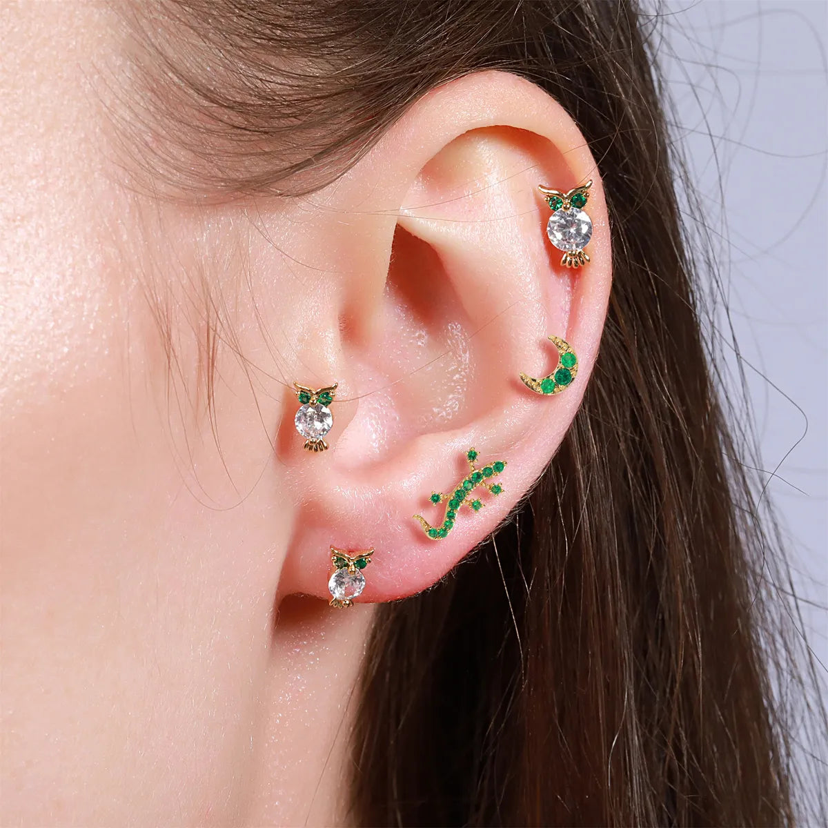 Creative Animal Gecko Green Zircon Copper Piercing Ear Bone Nails