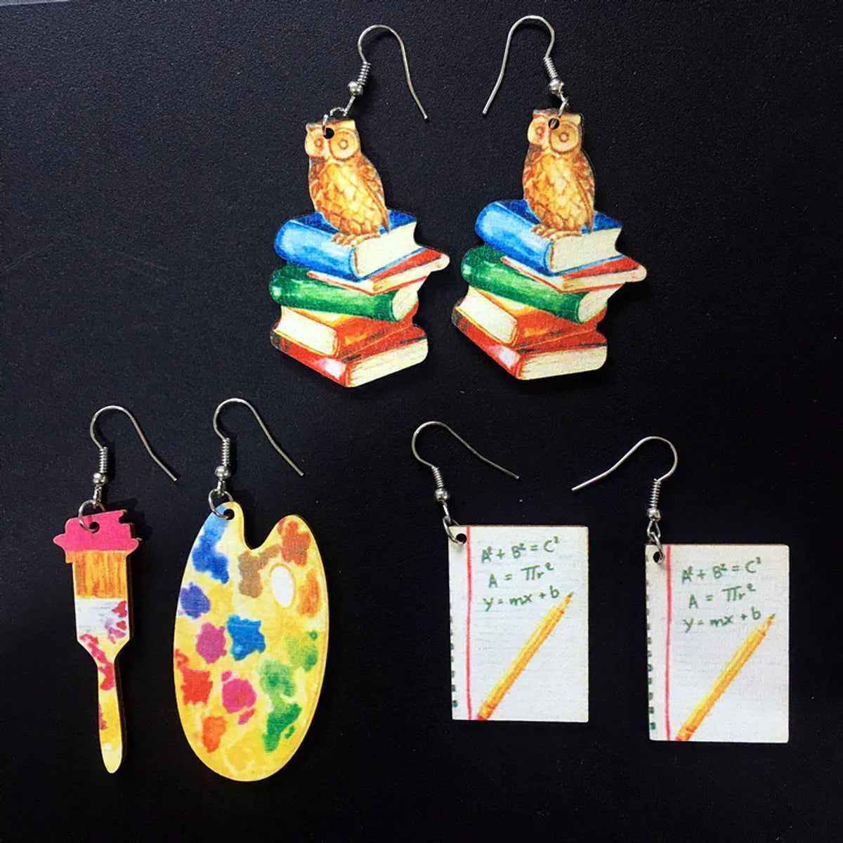 Creative Book Brush Wooden Shape Owl Pendant 
earrings