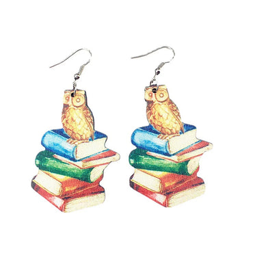 Creative Book Brush Wooden Shape Owl Pendant 
earrings