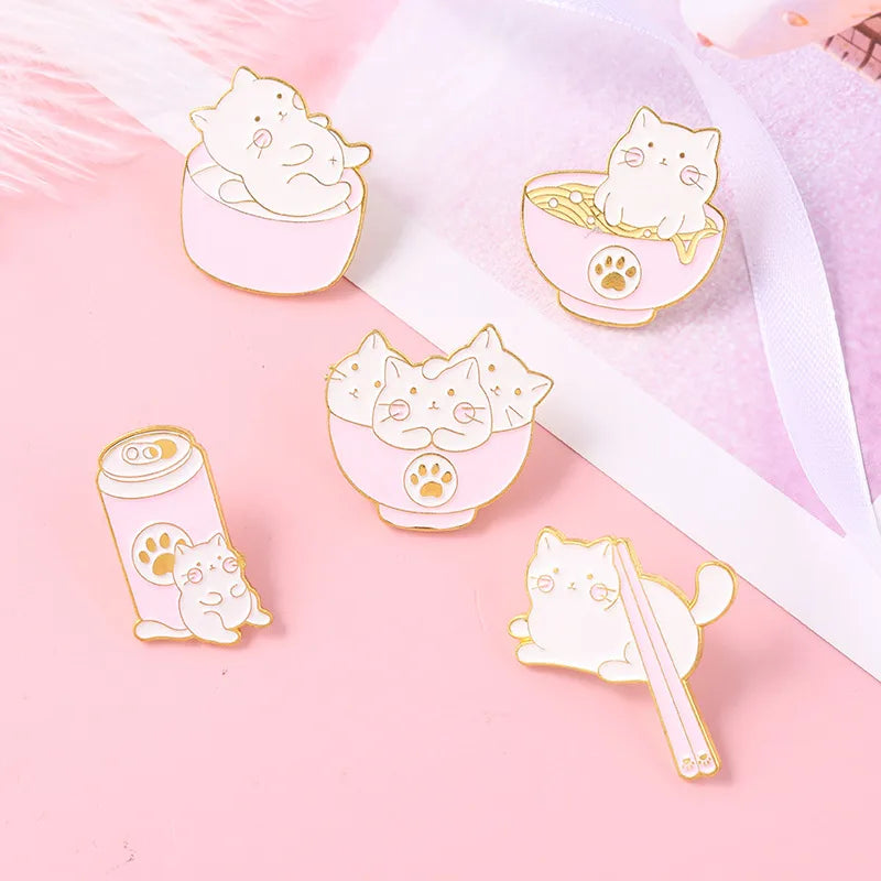 Creative Cartoon Kitten Ramen Bowls Chopsticks Shape Alloy Brooch