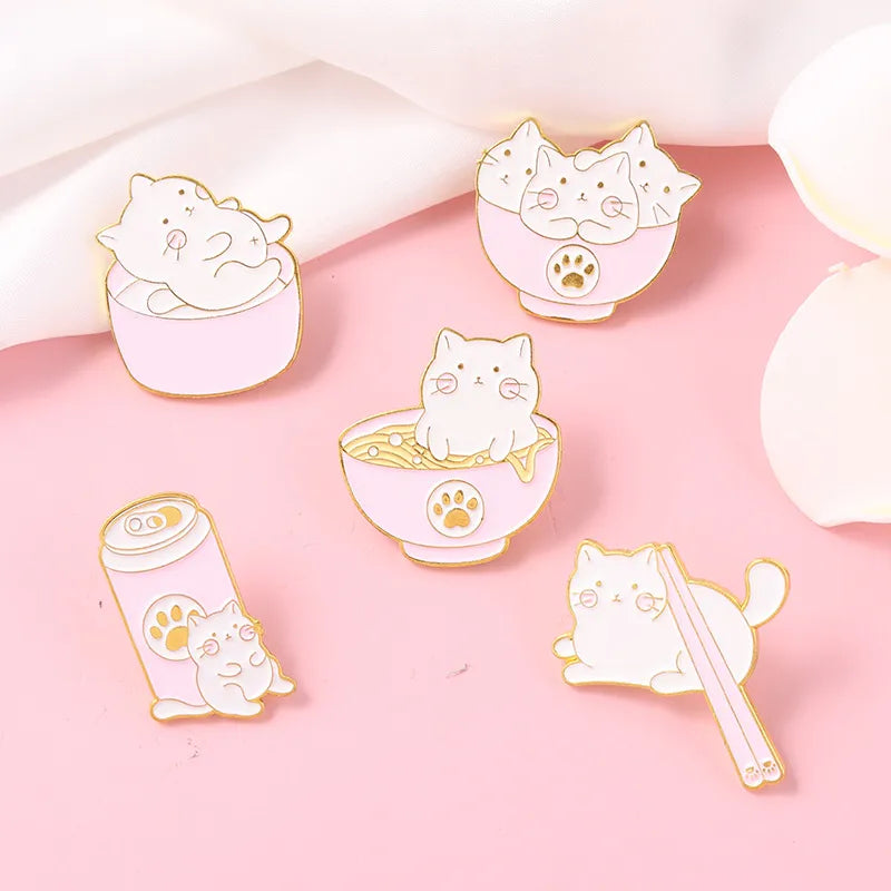 Creative Cartoon Kitten Ramen Bowls Chopsticks Shape Alloy Brooch