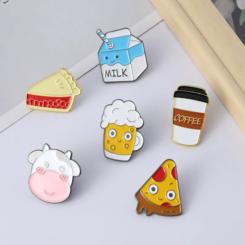 Creative Cartoon Milk Cup Coffee Cup Cow Pizza Cake Beer Shape Alloy Drip Oil Brooch