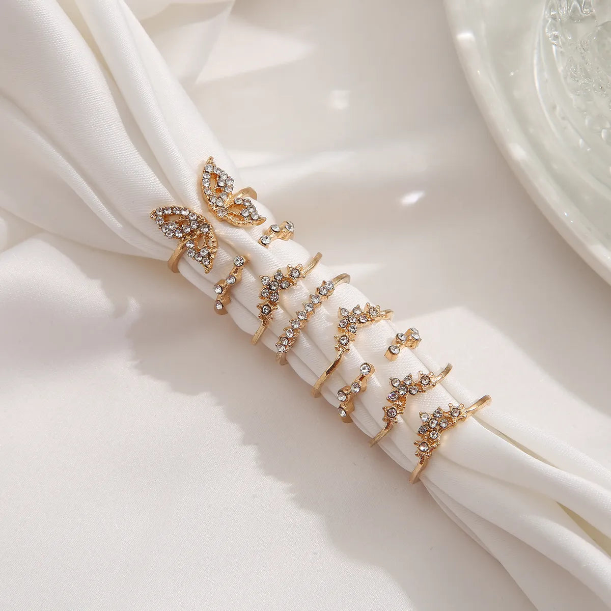 Creative Elegant Micro Diamond Inlaid Butterfly Open Knuckle Ring 8-piece Set