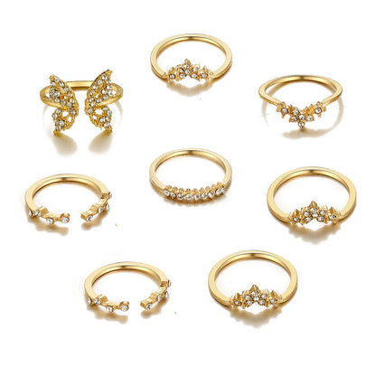 Creative Elegant Micro Diamond Inlaid Butterfly Open Knuckle Ring 8-piece Set