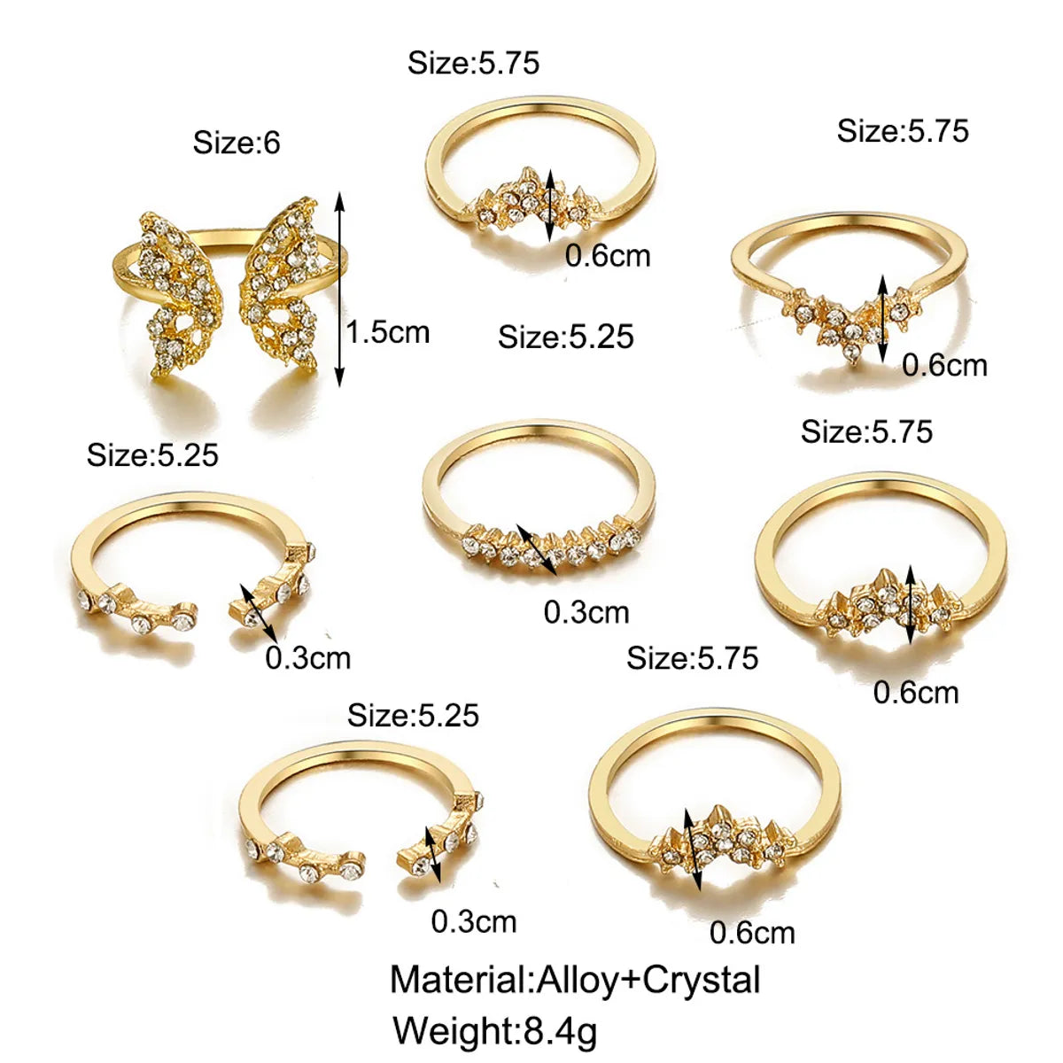 Creative Elegant Micro Diamond Inlaid Butterfly Open Knuckle Ring 8-piece Set