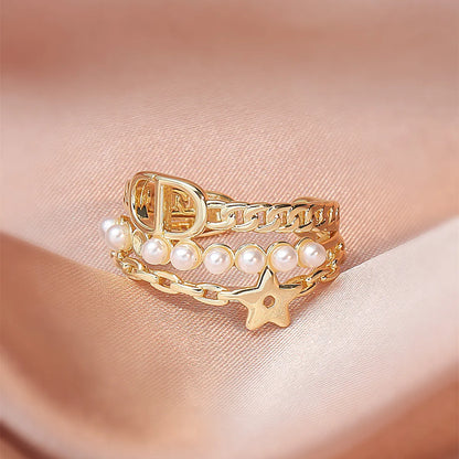 Creative Fashion Letter Pearl Multi-layerchain Stitching Stars Copper Ring