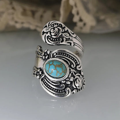 Creative Flower Rose Carved Exaggerated Retro Turquoise Ring Wholesale