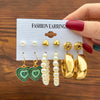 Creative Green Oil Dripping Love Heart Pendant Rhinestone Inlaid C- Shaped Earrings 5-Piece Set