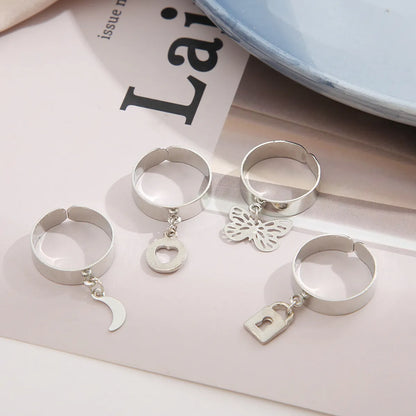 Creative New Butterfly Lock Heart Ring Female Metal Knuckle Ring Set