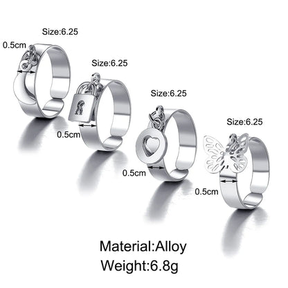 Creative New Butterfly Lock Heart Ring Female Metal Knuckle Ring Set