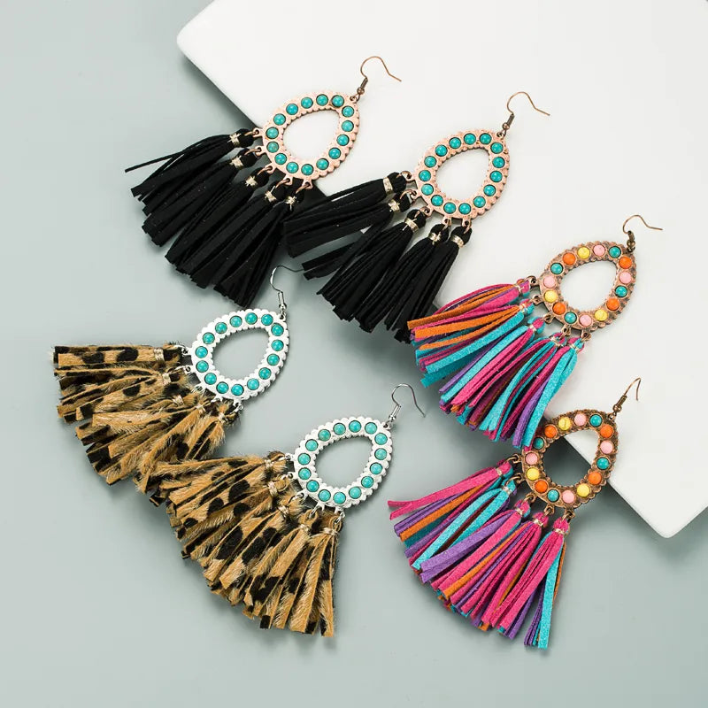 Creative New Exaggerated Leather Leopard Print Tassel Earrings