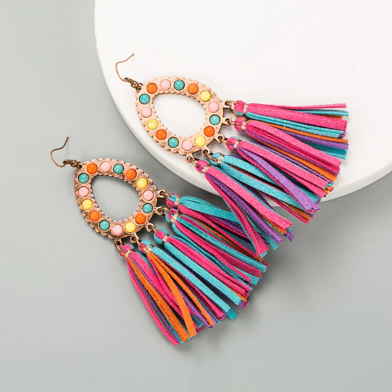 Creative New Exaggerated Leather Leopard Print Tassel Earrings