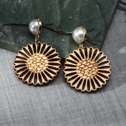 Creative Personality Sunflower Hollow Wood Retro Earrings Jewelry