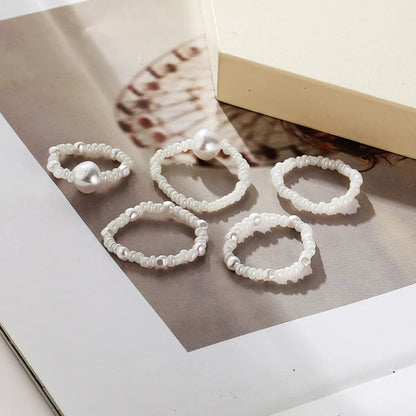 Creative Retro Simple White Rice Bead Ring White Pearl Ring 5-piece Set