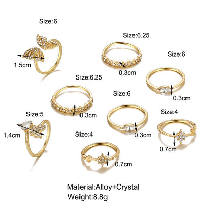 Creative Simple Micro-Inlaid Diamond Butterfly Flower Knuckle Ring 8-Piece Set