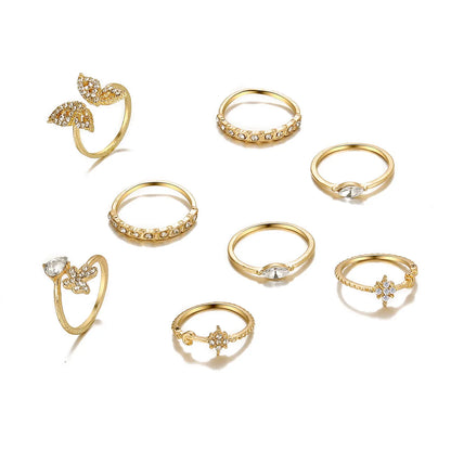 Creative Simple Micro-Inlaid Diamond Butterfly Flower Knuckle Ring 8-Piece Set