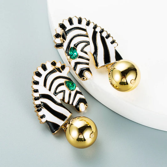 Creative Zebra Striped Horse Head Alloy Drop Oil Earrings Wholesale Nihaojewelry