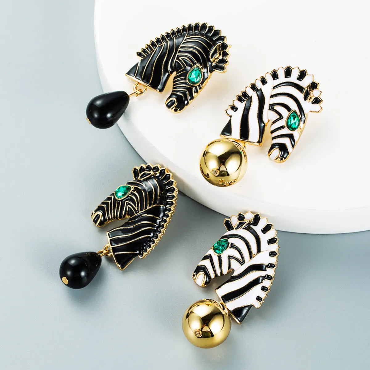 Creative Zebra Striped Horse Head Alloy Drop Oil Earrings Wholesale Nihaojewelry