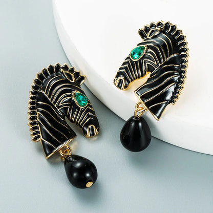 Creative Zebra Striped Horse Head Alloy Drop Oil Earrings Wholesale Nihaojewelry