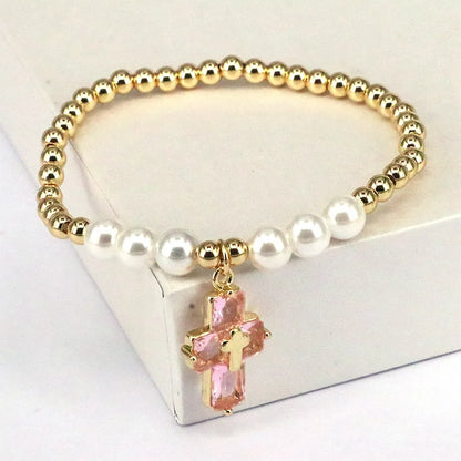 Basic Cross Copper Plating Inlay Pearl Zircon Bracelets