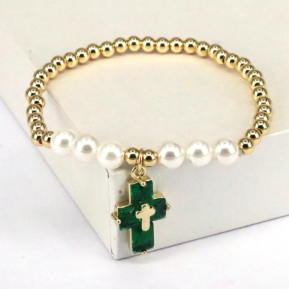 Basic Cross Copper Plating Inlay Pearl Zircon Bracelets