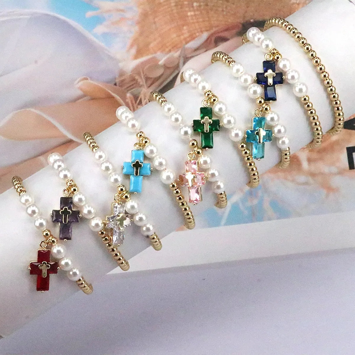 Basic Cross Copper Plating Inlay Pearl Zircon Bracelets