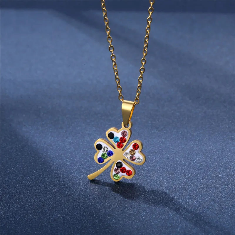 Cross-Border European And American Stainless Steel  Colorful Crystals Necklace Female Fashion And Fully-Jewelled Lucky Four-Leaf Clover Clavicle Necklace Steel Jewelry Wholesale