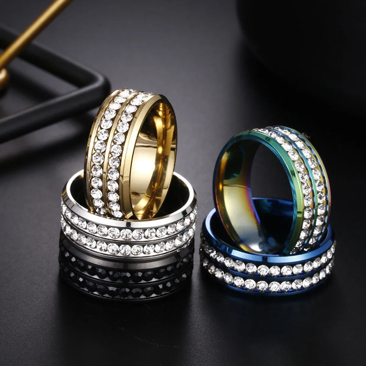 Cross-border European And American Stainless Steel Ring Wholesale Double Row Diamond Zircon Jewelry