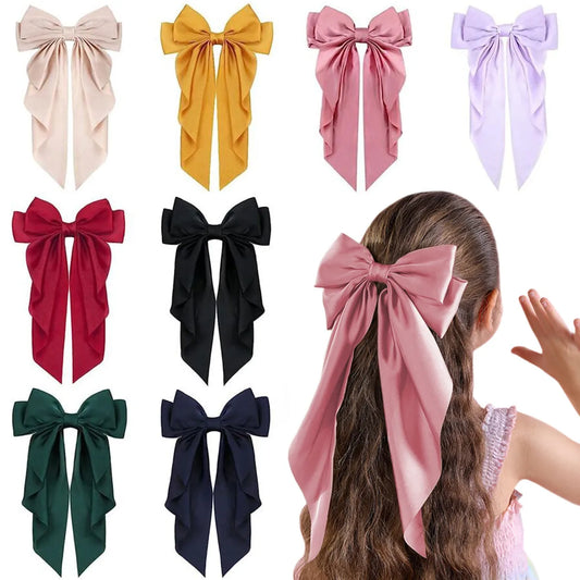 Explosions Satin Bow Hairpin Vintage Oversized Solid Color Long Ribbon Back Head Spring Clip Hairpin For Women