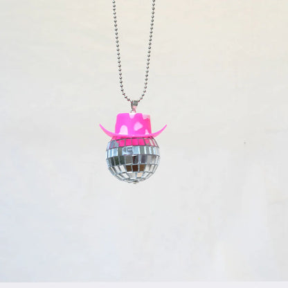 New Glass Ball Pendant Cowboy Hat Disco Mirror Ball Necklace  Creative Accessories