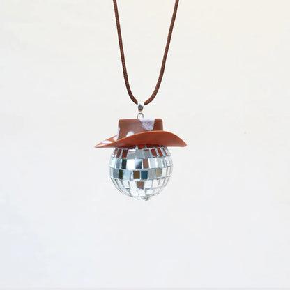 New Glass Ball Pendant Cowboy Hat Disco Mirror Ball Necklace  Creative Accessories