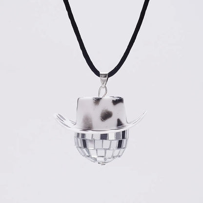 New Glass Ball Pendant Cowboy Hat Disco Mirror Ball Necklace  Creative Accessories