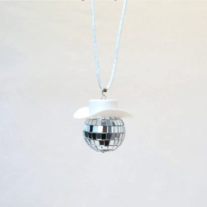 New Glass Ball Pendant Cowboy Hat Disco Mirror Ball Necklace  Creative Accessories