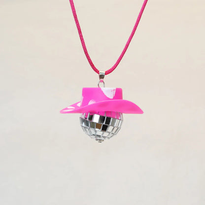 New Glass Ball Pendant Cowboy Hat Disco Mirror Ball Necklace  Creative Accessories