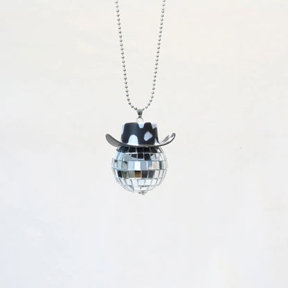 New Glass Ball Pendant Cowboy Hat Disco Mirror Ball Necklace  Creative Accessories