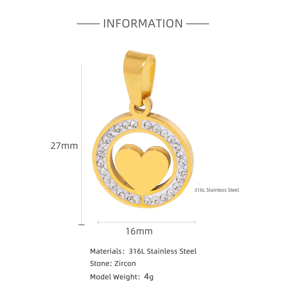 1 Piece 316L Stainless Steel  Zircon Heart Shape Pendant