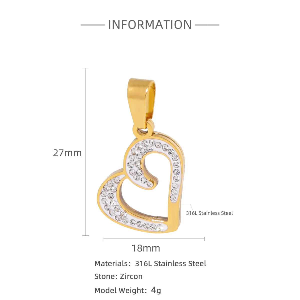 1 Piece 316L Stainless Steel  Zircon Heart Shape Pendant