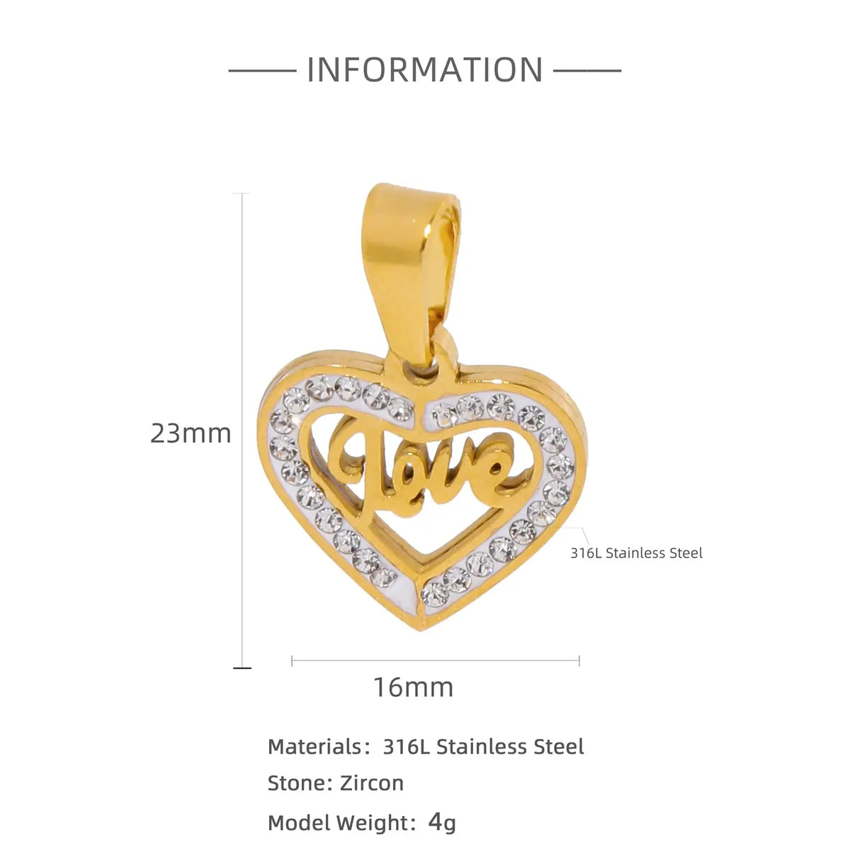 1 Piece 316L Stainless Steel  Zircon Heart Shape Pendant