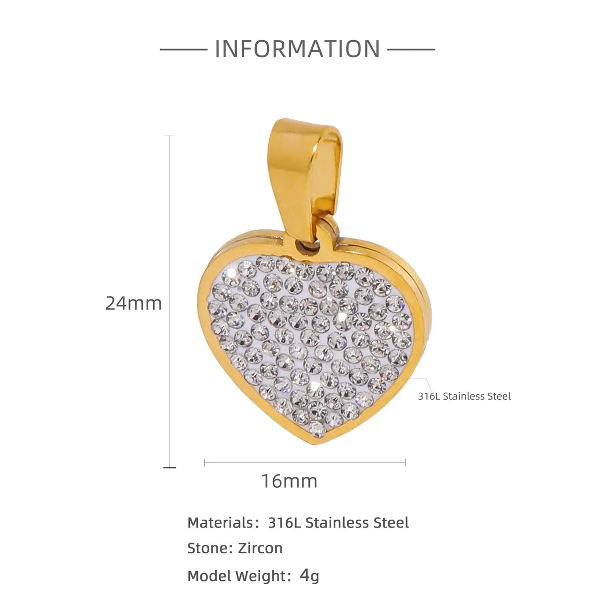 1 Piece 316L Stainless Steel  Zircon Heart Shape Pendant