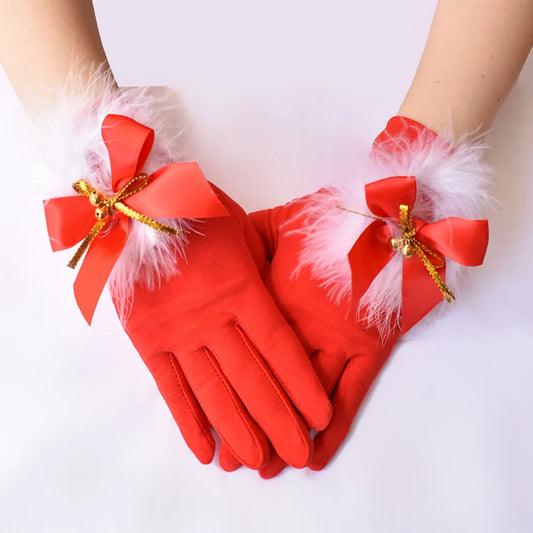 New Christmas Gloves Bow Plush Bell Gloves Red Christmas Costume Cross-Dressing Accessories