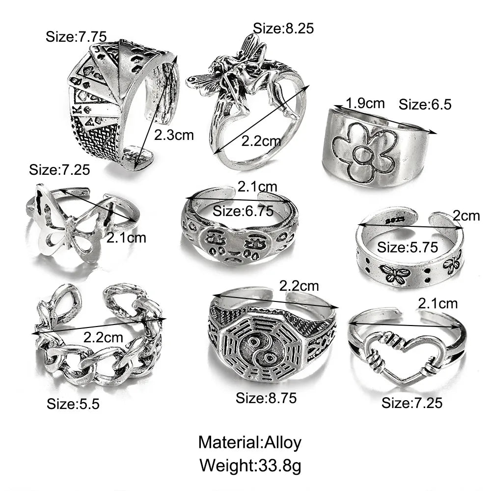 Cross-Border New Creative Simple Fashion Temperament Jewelry Solitaire Gossip Butterfly Ring 9 Sets