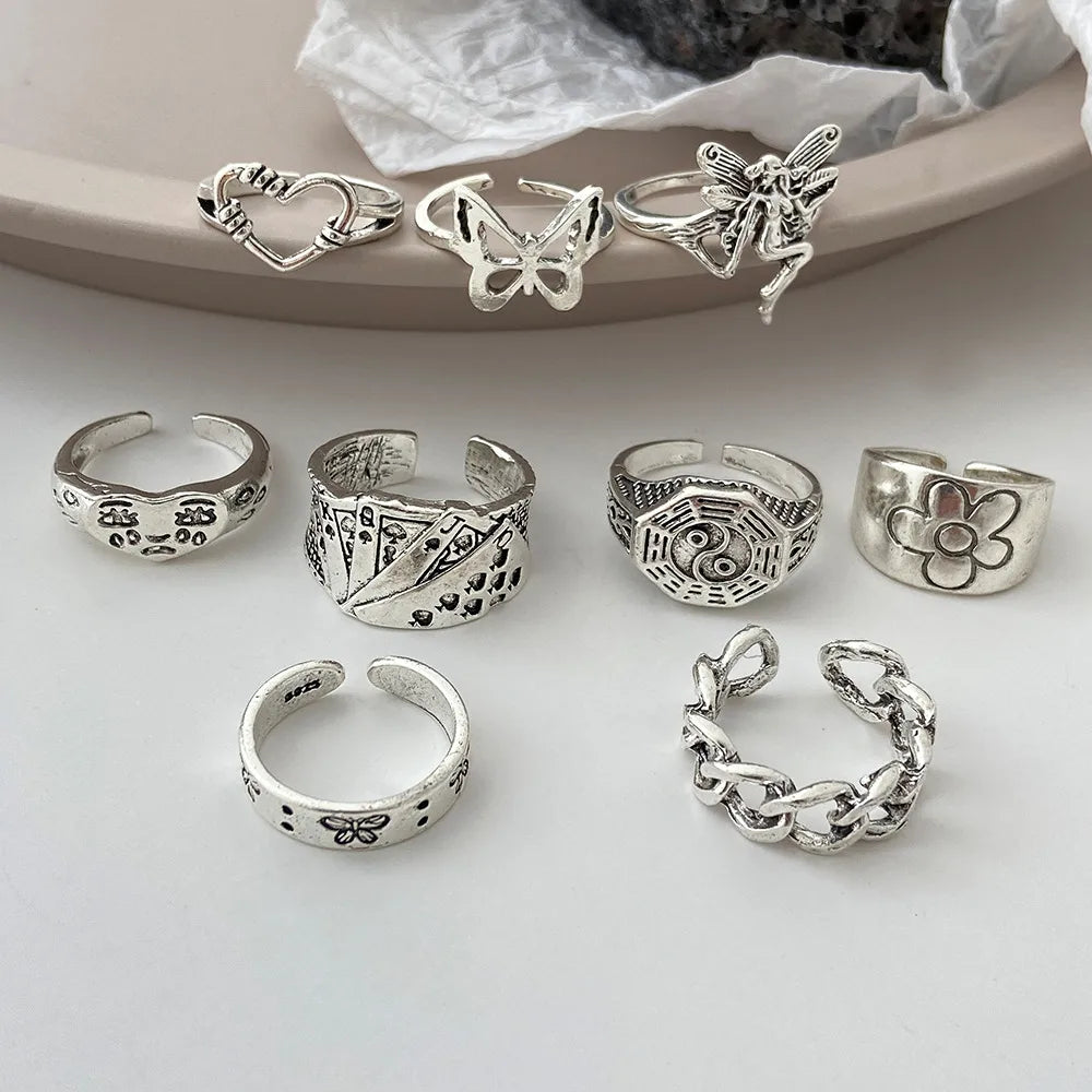 Cross-Border New Creative Simple Fashion Temperament Jewelry Solitaire Gossip Butterfly Ring 9 Sets