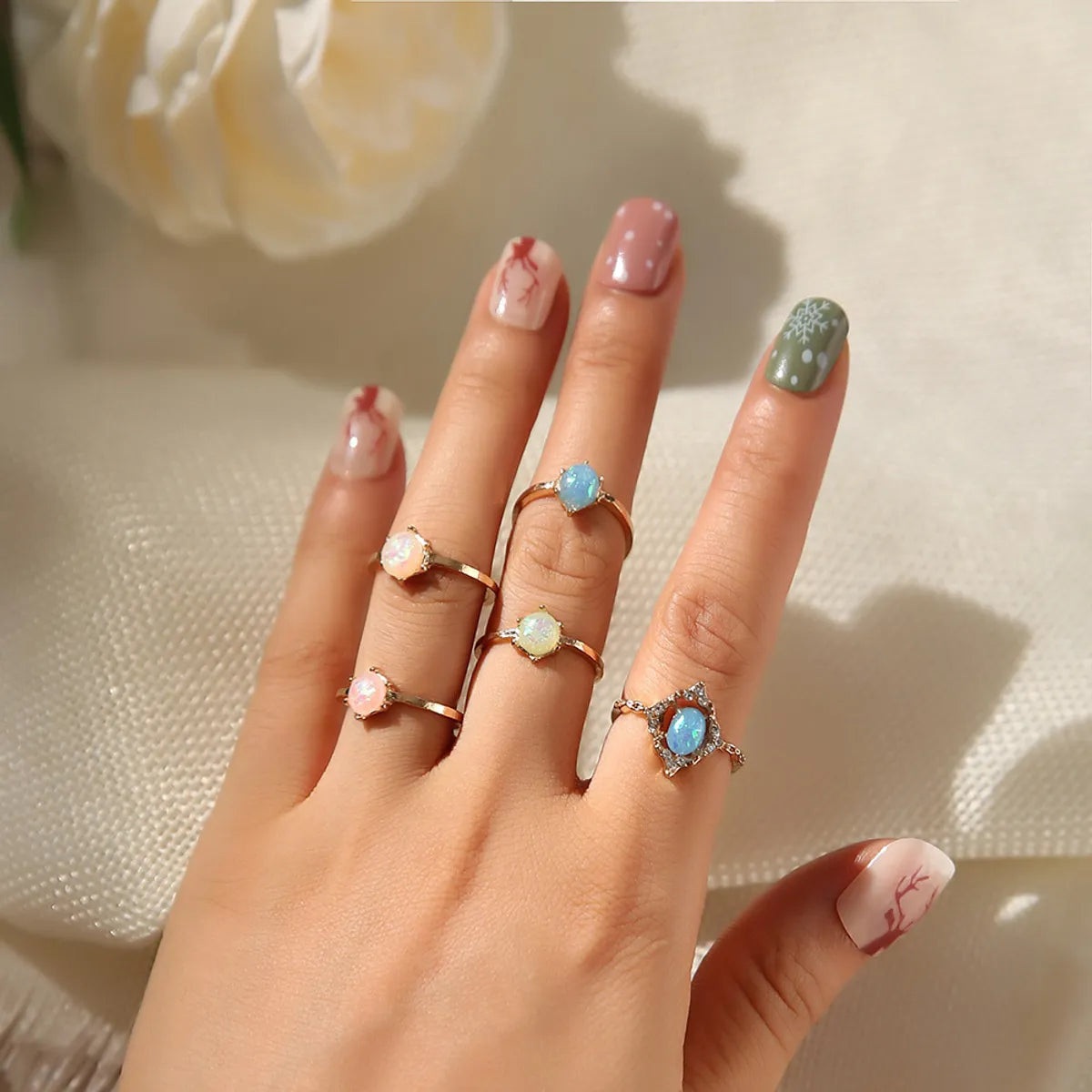 Cross-border New Fashion Candy Color Tail Ring Imitation Inlaid Amber Joint Ring 5-piece Ring Tail Ring