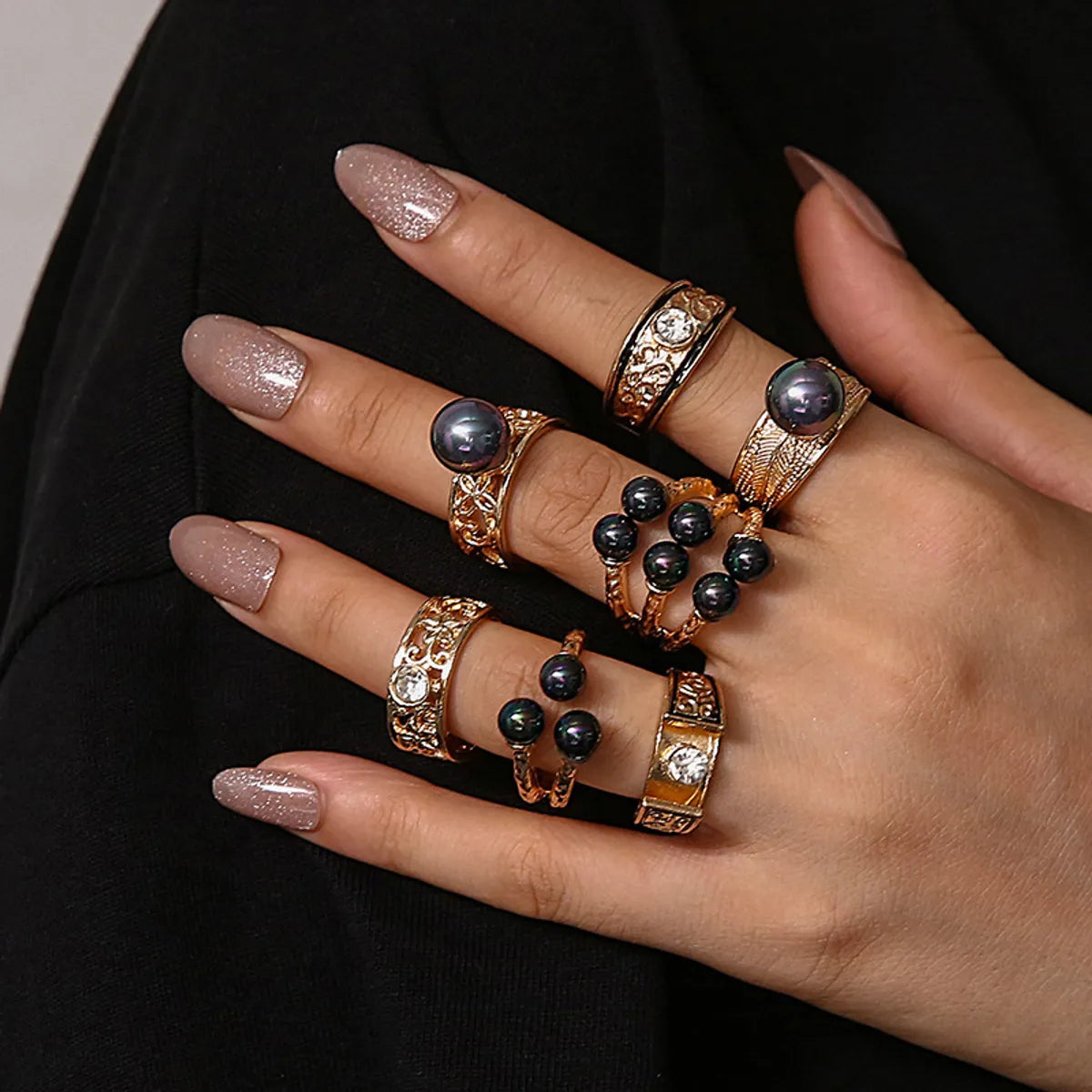 Cross-border New Ring 7-piece Set Fashion Punk Style Diamond Ring Colorful Pearl Ring