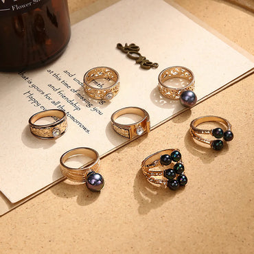 Cross-border New Ring 7-piece Set Fashion Punk Style Diamond Ring Colorful Pearl Ring