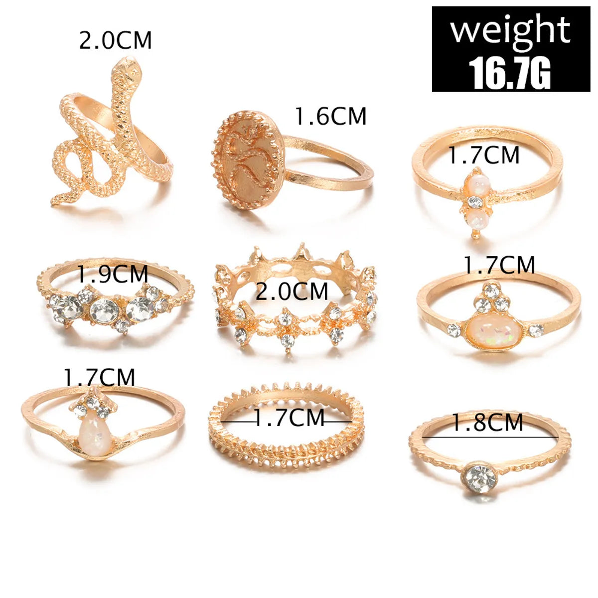 Cross-border New Ring Set Fashion Geometric Snake-shaped Diamond Leaf Ring Tail Ring 9-piece Set